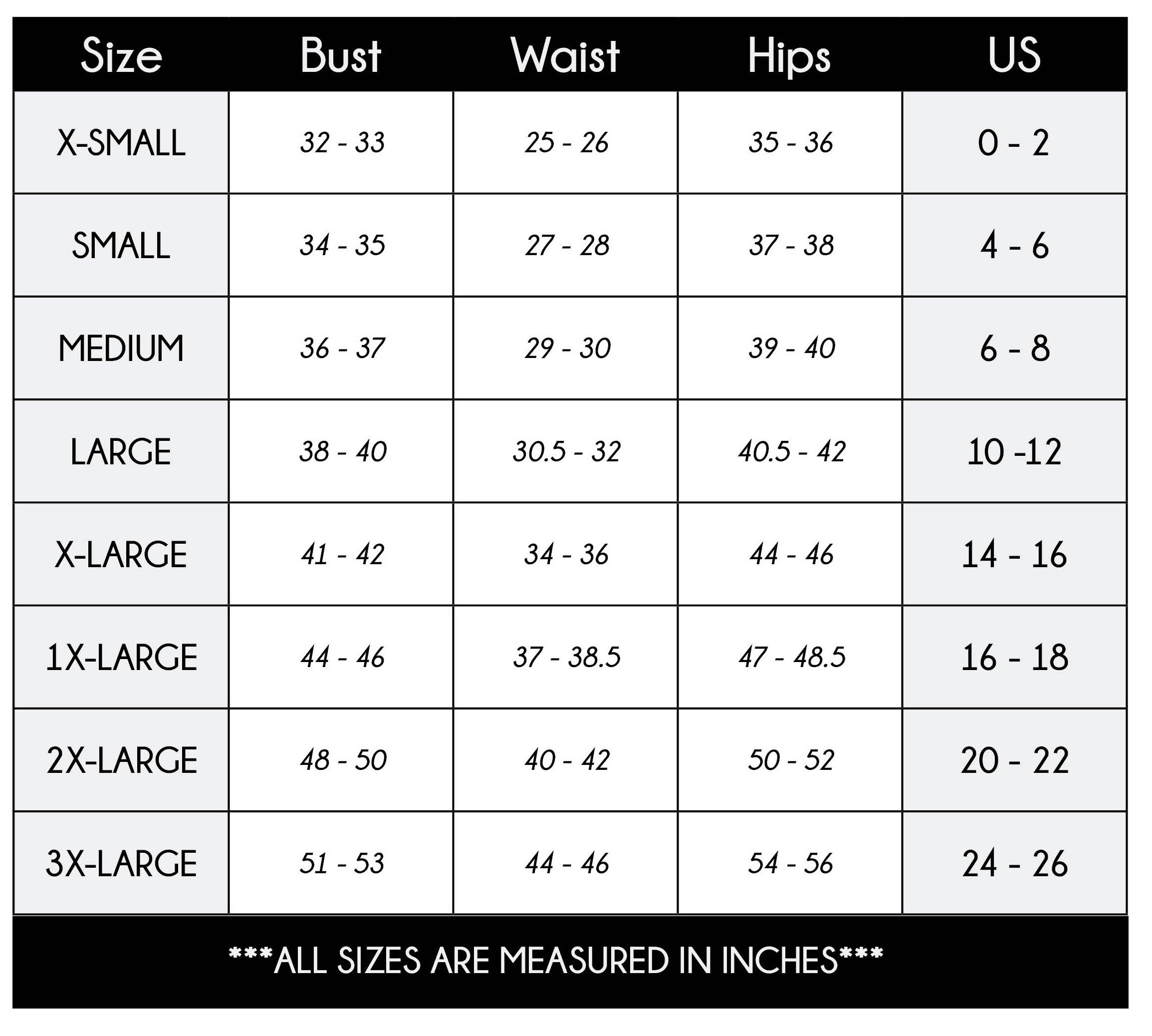 A size chart listing size extra small to 3 extra large with corresponding measurements.