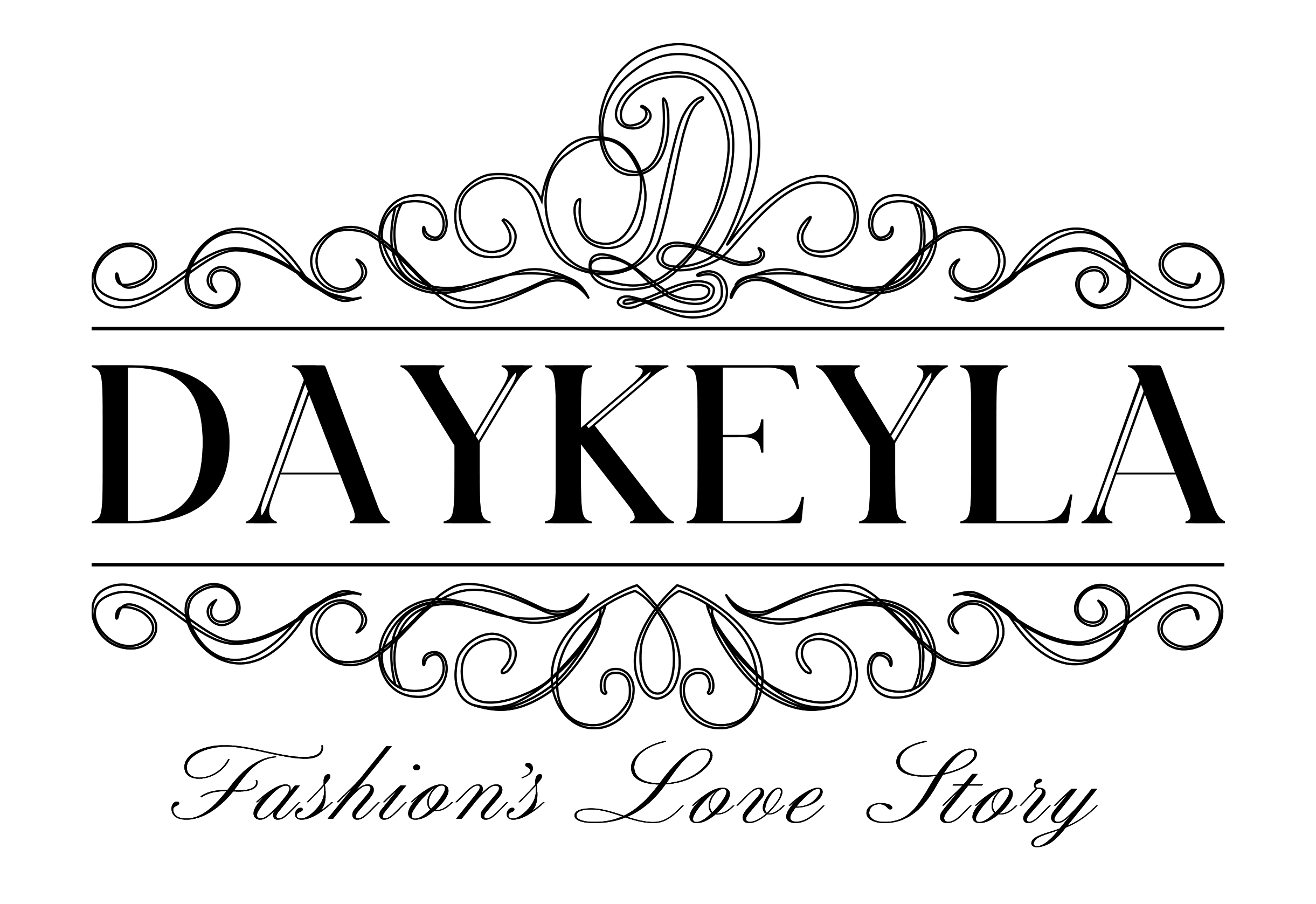 Elegant black Daykeyla logo with ornate scrollwork and a decorative letter "D" above the brand name.