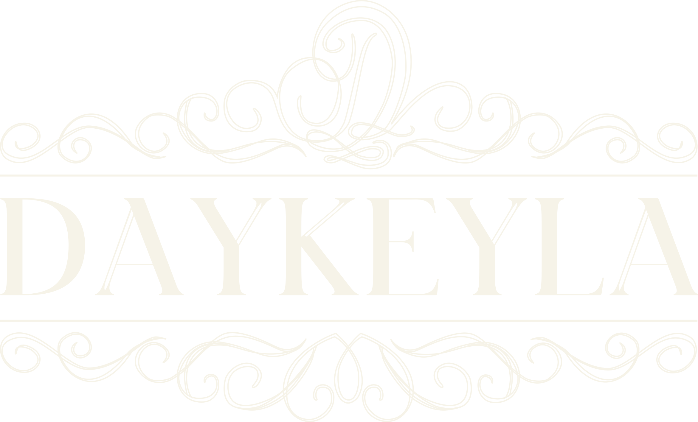 Elegant white Daykeyla logo with ornate scrollwork and a decorative letter "D" above the brand name.